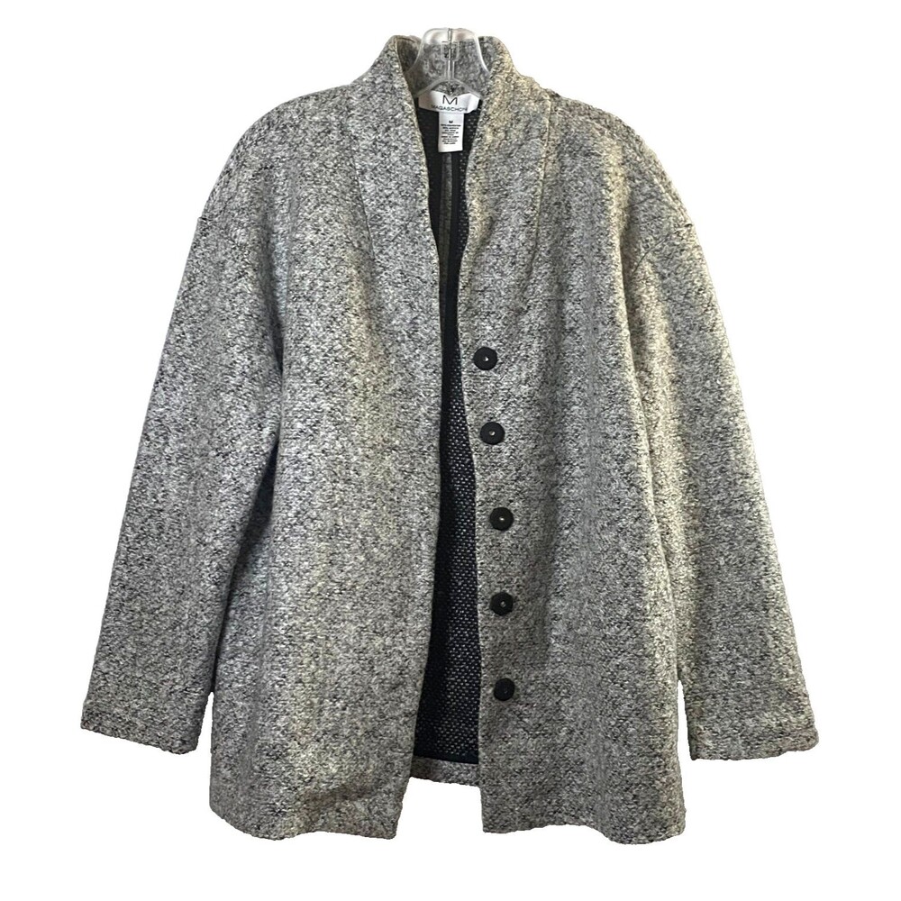 Magaschoni Bouclé Wool Blend Cardigan Jacket Med Marled Gray Snap Buttons Flaw